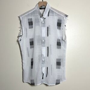 NEO Mens Sheer Button Down Shirt S White Black Geometric Cotton Streetwear